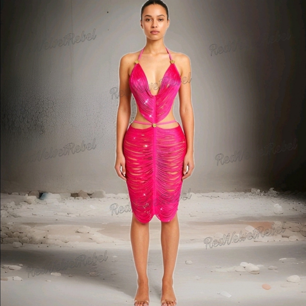 NWT Sunset Pink In Miami Sexy Cut Out Fringe Embellished Ibiza Festival Dress - Picture 3 of 16